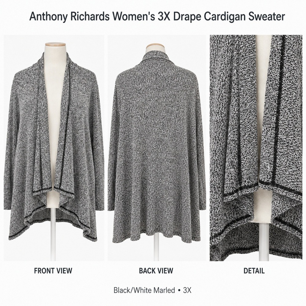 Anthony Richards Womens 3X Drape Cardigan Sweater Black White‎ Marled Open Front